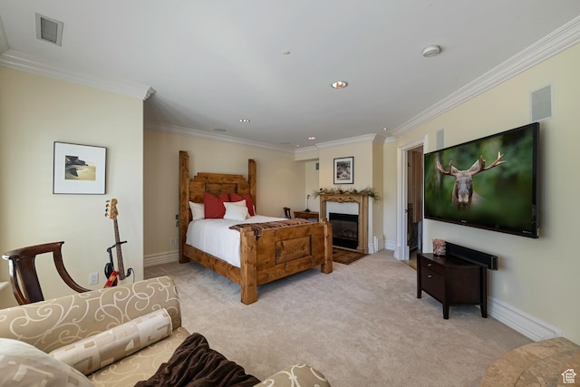 5678 E Twin Creek Rd, Emigration Canyon, UT 84108 - bedroom with ornamental molding, light colored carpet, baseboards, recessed lighting, and a glass covered fireplace