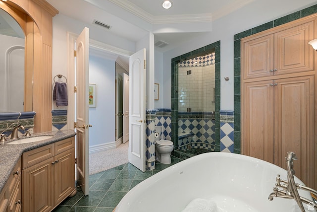 5678 E Twin Creek Rd, Emigration Canyon, UT 84108 - full bath featuring a stall shower, vanity, a freestanding tub, crown molding, and tile patterned floors