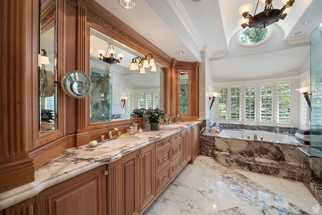 5678 E Twin Creek Rd, Emigration Canyon, UT 84108 - bathroom with a chandelier, marble tiled floors, a bath, ornamental molding, and double vanity