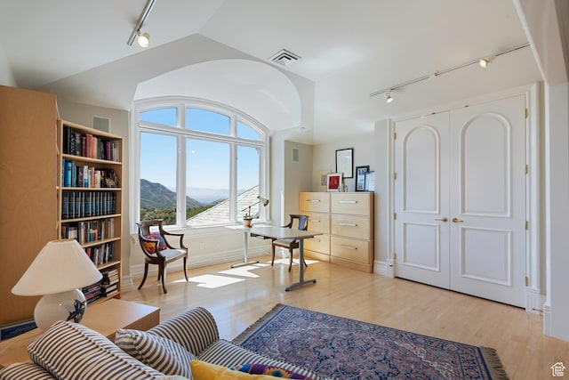 5678 E Twin Creek Rd, Emigration Canyon, UT 84108 - living area featuring rail lighting, vaulted ceiling, light wood-type flooring, baseboards, and a mountain view