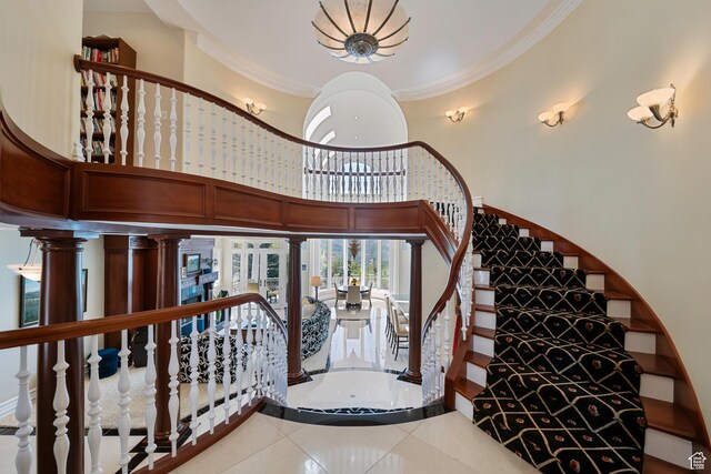 5678 E Twin Creek Rd, Emigration Canyon, UT 84108 - stairs featuring ornamental molding, tile patterned floors, and a high ceiling