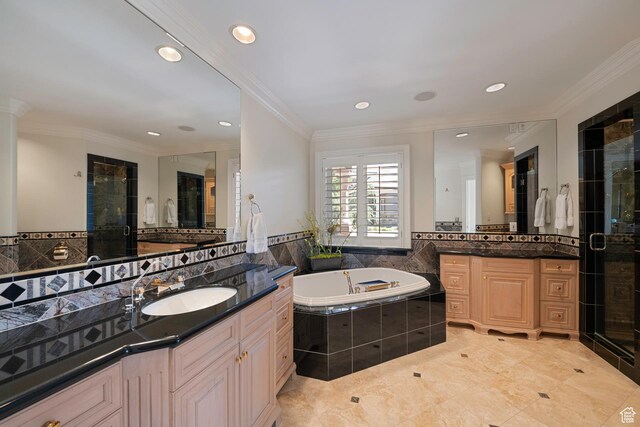5678 E Twin Creek Rd, Emigration Canyon, UT 84108 - bathroom with a stall shower, crown molding, a bath, recessed lighting, and two vanities