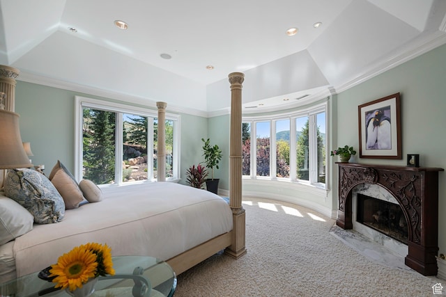 5678 E Twin Creek Rd, Emigration Canyon, UT 84108 - bedroom featuring carpet, a premium fireplace, recessed lighting, decorative columns, and crown molding