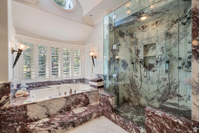 5678 E Twin Creek Rd, Emigration Canyon, UT 84108 - full bath featuring marble tiled flooring, a marble finish shower, a bath, crown molding, and vaulted ceiling