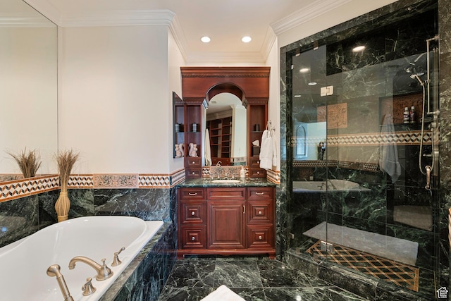 5678 E Twin Creek Rd, Emigration Canyon, UT 84108 - full bath with crown molding, a bath, vanity, a stall shower, and marble tiled floors
