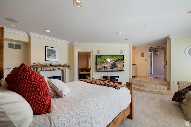 5678 E Twin Creek Rd, Emigration Canyon, UT 84108 - bedroom featuring crown molding, light carpet, recessed lighting, and a fireplace