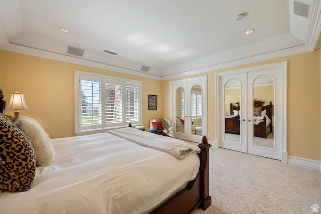 5678 E Twin Creek Rd, Emigration Canyon, UT 84108 - carpeted bedroom with french doors, a raised ceiling, ornamental molding, and recessed lighting