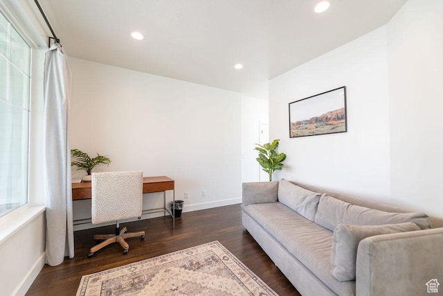 home office featuring dark wood-style floors, baseboards, and recessed lighting