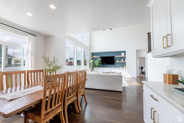 dining area featuring dark wood-style flooring, plenty of natural light, recessed lighting, and a textured ceiling
