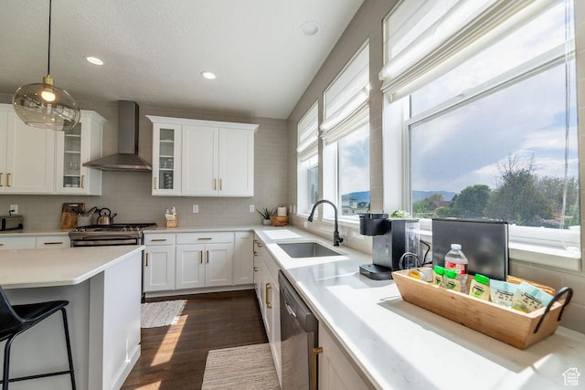 kitchen with white cabinetry, a sink, appliances with stainless steel finishes, and wall chimney exhaust hood