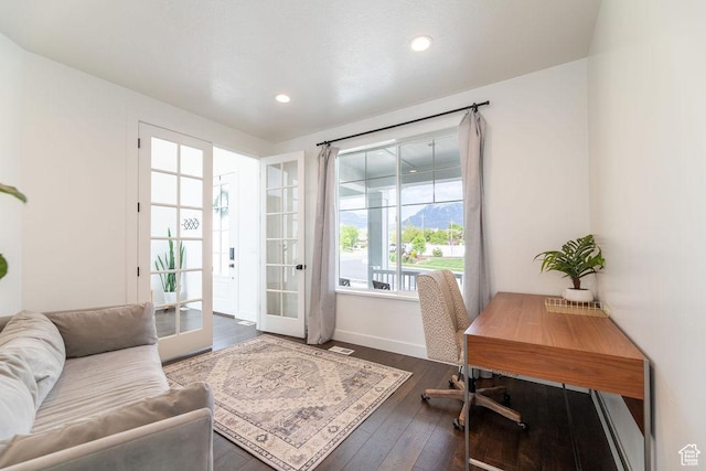 office with french doors, baseboards, visible vents, recessed lighting, and dark wood-style flooring