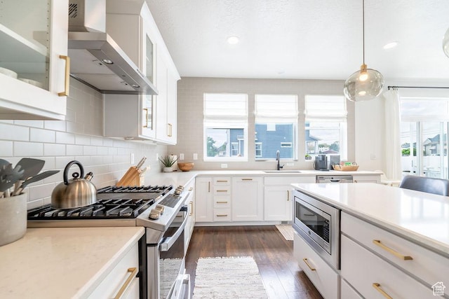 kitchen with light countertops, a sink, wall chimney exhaust hood, tasteful backsplash, and appliances with stainless steel finishes
