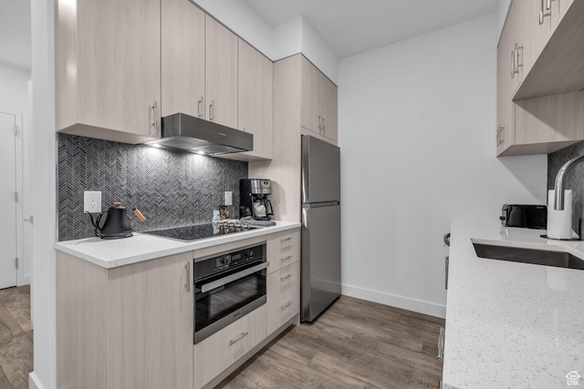 2303 Deer Hollow Rd Unit 1333/4, Park City, UT 84060 - kitchen featuring stainless steel appliances, under cabinet range hood, baseboards, tasteful backsplash, and light wood finished floors