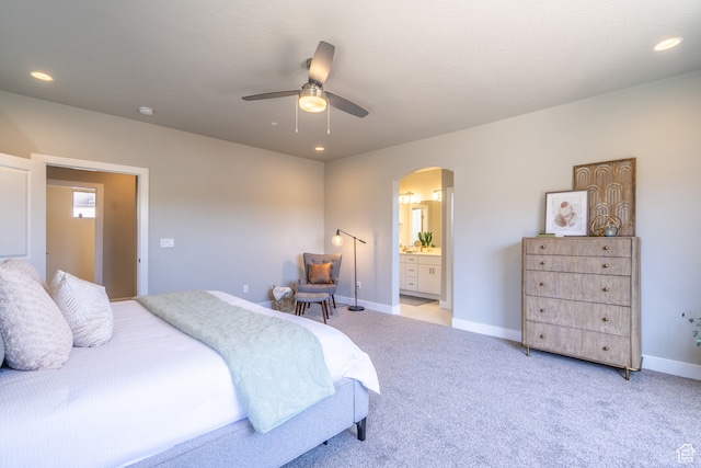 278 N 2020 W, Hurricane, UT 84737 - bedroom featuring ceiling fan, light carpet, and ensuite bathroom