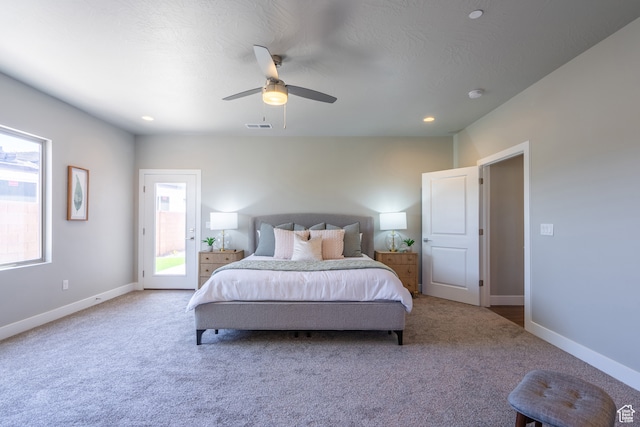 278 N 2020 W, Hurricane, UT 84737 - bedroom featuring multiple windows, access to exterior, light colored carpet, and ceiling fan