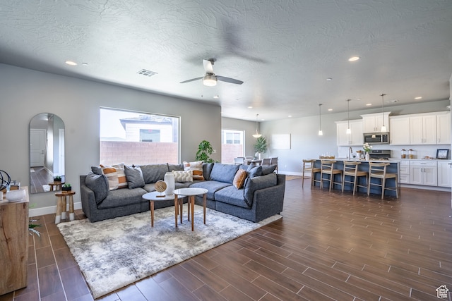 278 N 2020 W, Hurricane, UT 84737 - living room featuring dark wood-type flooring, ceiling fan, a textured ceiling, and sink