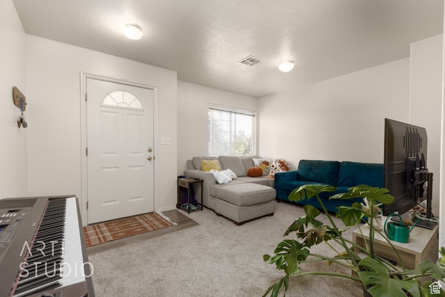 carpeted living room with a textured ceiling