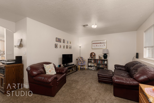 carpeted living room featuring a textured ceiling