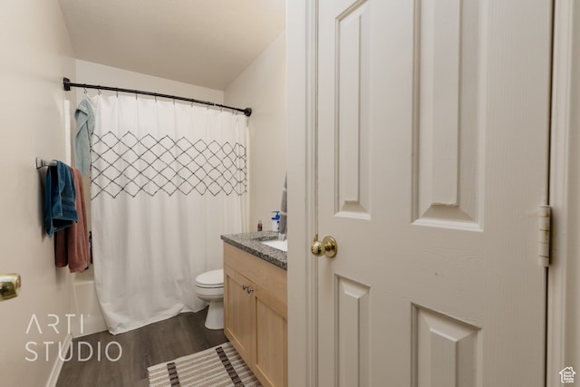 bathroom featuring vanity, curtained shower, wood-type flooring, and toilet