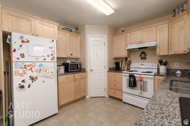 kitchen with white appliances, light brown cabinetry, sink, a textured ceiling, and dark stone counters