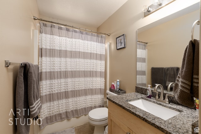 full bathroom featuring vanity, toilet, shower / bathtub combination with curtain, and tile patterned flooring