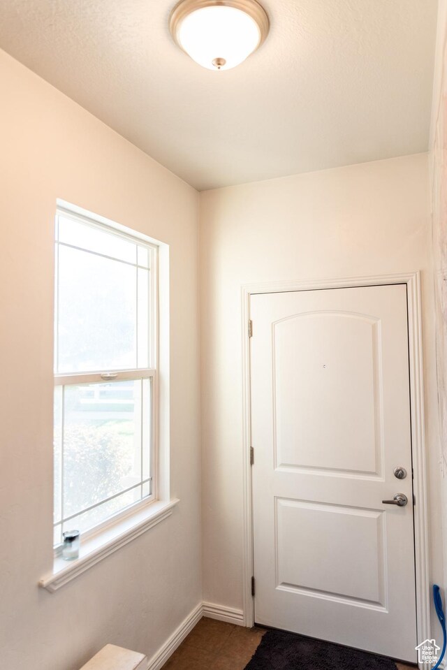 doorway to outside with a healthy amount of sunlight, baseboards, and dark tile patterned floors