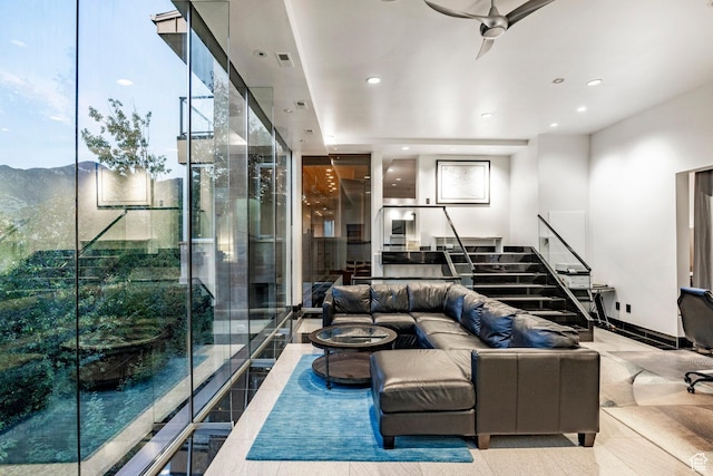 3809 E Thousand Oaks Cir, Salt Lake City, UT 84124 - living room with stairs, a ceiling fan, and recessed lighting
