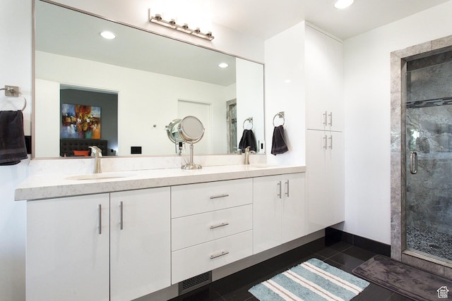 3809 E Thousand Oaks Cir, Salt Lake City, UT 84124 - full bath with double vanity, a stall shower, recessed lighting, and tile patterned flooring