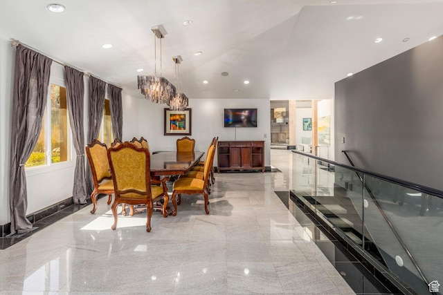 3809 E Thousand Oaks Cir, Salt Lake City, UT 84124 - dining room with granite tiled floors, a chandelier, recessed lighting, and vaulted ceiling