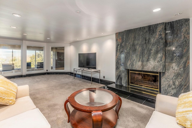 3809 E Thousand Oaks Cir, Salt Lake City, UT 84124 - living area featuring a high end fireplace, recessed lighting, and carpet floors