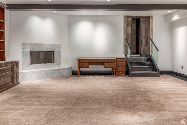 3809 E Thousand Oaks Cir, Salt Lake City, UT 84124 - living area with carpet flooring, recessed lighting, a high end fireplace, and stairway
