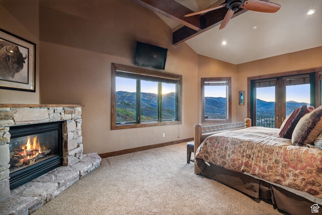75 Hidden Oaks Ln, Park City, UT 84060 - bedroom featuring recessed lighting, vaulted ceiling with beams, a stone fireplace, carpet, and baseboards