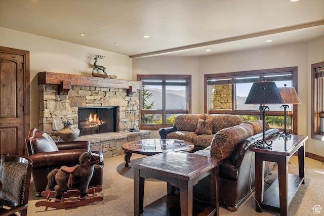 75 Hidden Oaks Ln, Park City, UT 84060 - living room with recessed lighting, a healthy amount of sunlight, a fireplace, and carpet flooring