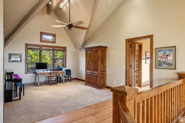 75 Hidden Oaks Ln, Park City, UT 84060 - home office with beamed ceiling, light wood finished floors, high vaulted ceiling, ceiling fan, and baseboards
