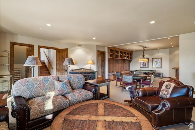 75 Hidden Oaks Ln, Park City, UT 84060 - living room featuring recessed lighting, carpet floors, and stairway