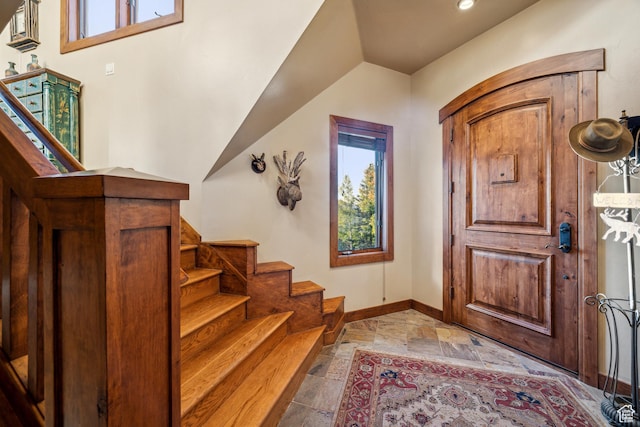 75 Hidden Oaks Ln, Park City, UT 84060 - foyer with baseboards, stairway, stone tile flooring, and recessed lighting