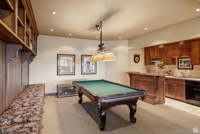 75 Hidden Oaks Ln, Park City, UT 84060 - recreation room featuring a sink, light colored carpet, recessed lighting, indoor wet bar, and pool table