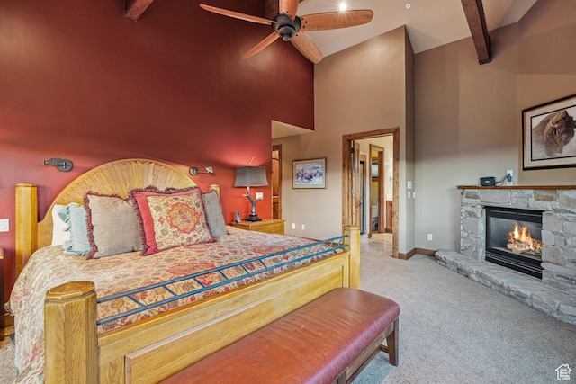 75 Hidden Oaks Ln, Park City, UT 84060 - carpeted bedroom featuring baseboards, beam ceiling, a fireplace, a ceiling fan, and high vaulted ceiling