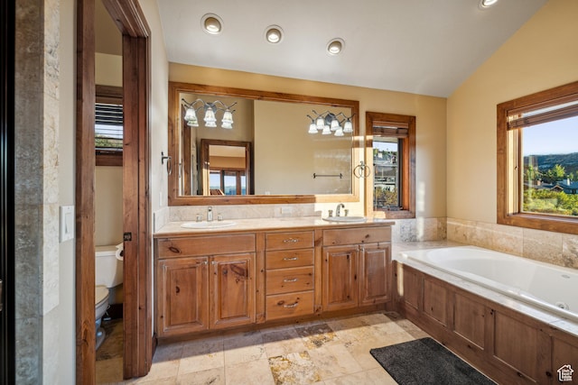 75 Hidden Oaks Ln, Park City, UT 84060 - bathroom featuring toilet, a bath, a sink, and lofted ceiling