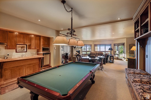 75 Hidden Oaks Ln, Park City, UT 84060 - recreation room featuring recessed lighting, billiards, a stone fireplace, and light colored carpet