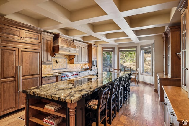 75 Hidden Oaks Ln, Park City, UT 84060 - kitchen featuring decorative backsplash, custom range hood, light wood-type flooring, coffered ceiling, and high quality appliances