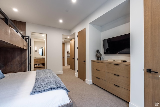 3576 Ridgeline Dr Unit 14-C, Park City, UT 84098 - bedroom with light carpet, baseboards, recessed lighting, and ensuite bathroom