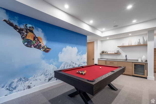 3576 Ridgeline Dr Unit 14-C, Park City, UT 84098 - playroom with beverage cooler, wet bar, recessed lighting, light carpet, and billiards table