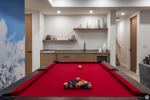 3576 Ridgeline Dr Unit 14-C, Park City, UT 84098 - game room featuring wet bar, billiards, carpet floors, recessed lighting, and beverage cooler