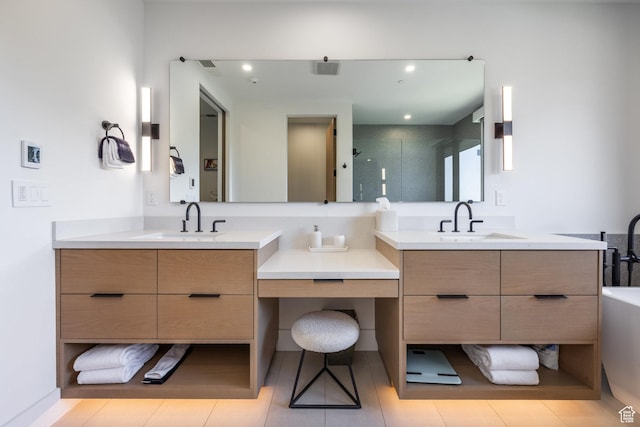 3576 Ridgeline Dr Unit 14-C, Park City, UT 84098 - bathroom with two vanities, a shower, recessed lighting, and a tub to relax in
