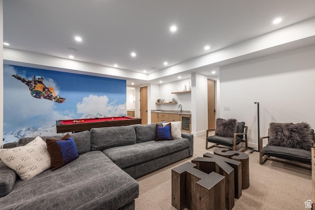 3576 Ridgeline Dr Unit 14-C, Park City, UT 84098 - living room featuring wet bar, wine cooler, light colored carpet, recessed lighting, and billiards table