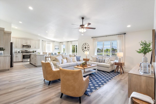 258 W 500 N, Santaquin, UT 84655 - living area with baseboards, recessed lighting, a ceiling fan, light wood-style floors, and lofted ceiling