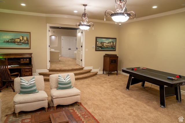 playroom with light carpet, recessed lighting, and ornamental molding