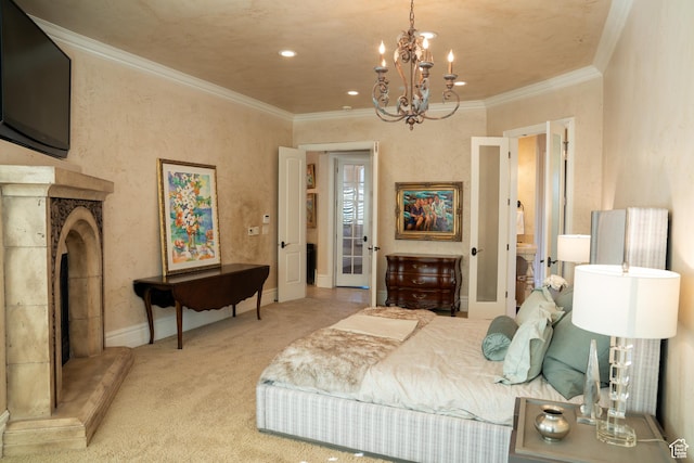 bedroom featuring crown molding, baseboards, carpet flooring, and a chandelier