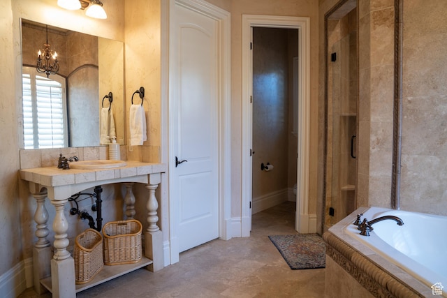 bathroom featuring a tile shower, a bath, a chandelier, toilet, and a sink